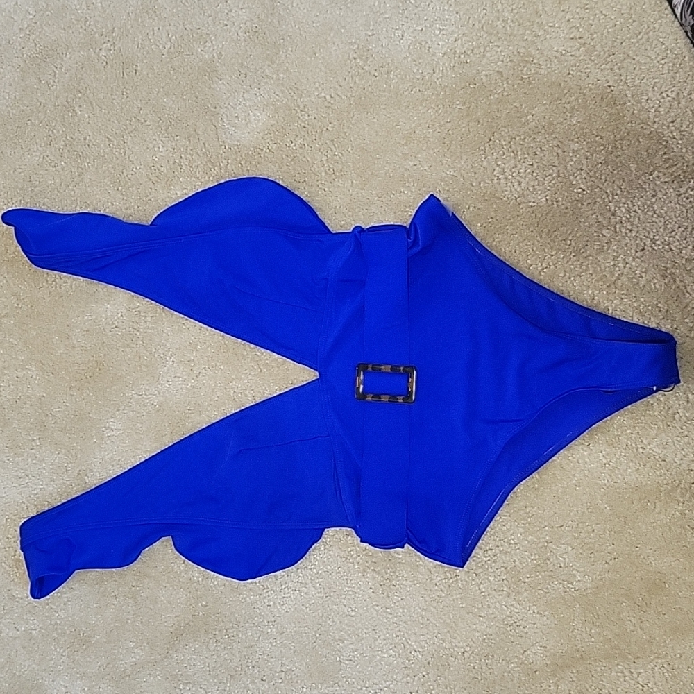 One piece V-neck swim suit w/faux belt